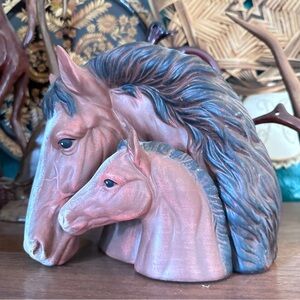 Vintage Hand-Painted Brown Horse and Foal Vase / Planter Duo
